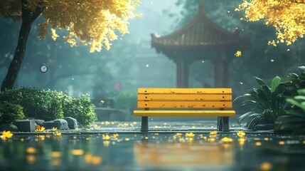 Obraz premium Bright Yellow Podium with Natural Autumn Backdrop