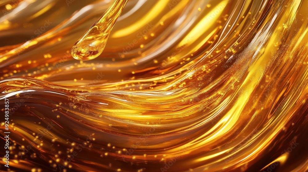 Poster a mesmerizing surface of golden liquid with flowing patterns and sparkles, evoking elegance and warm