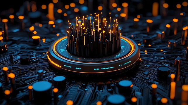 An abstract 3D illustration of data mining analysis, with visual elements representing the extraction and processing of vast amounts of data