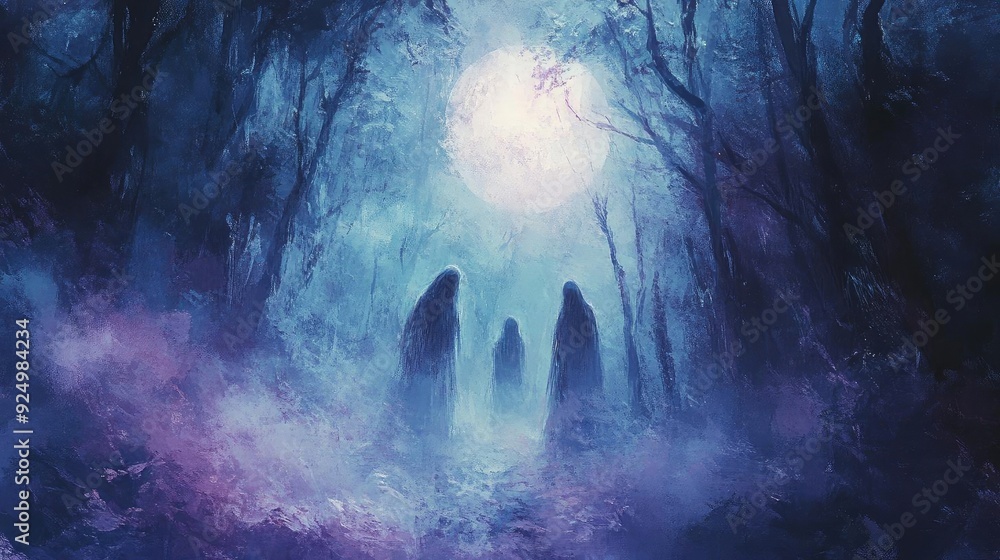 Poster mysterious silhouettes in a mystical forest under a glowing moon, creating an enchanting and etherea