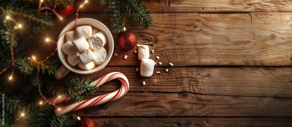 Aufkleber wooden background with christmas candy canes, cup of cocoa, and marshmallows creating a cozy setting