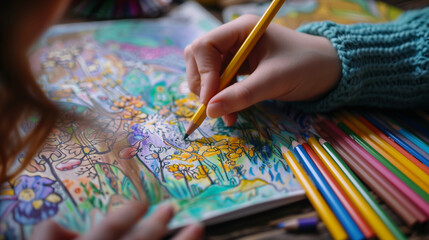 Naklejka premium A child is coloring a vibrant illustration in a coloring book using colored pencils that are lying nearby on the table