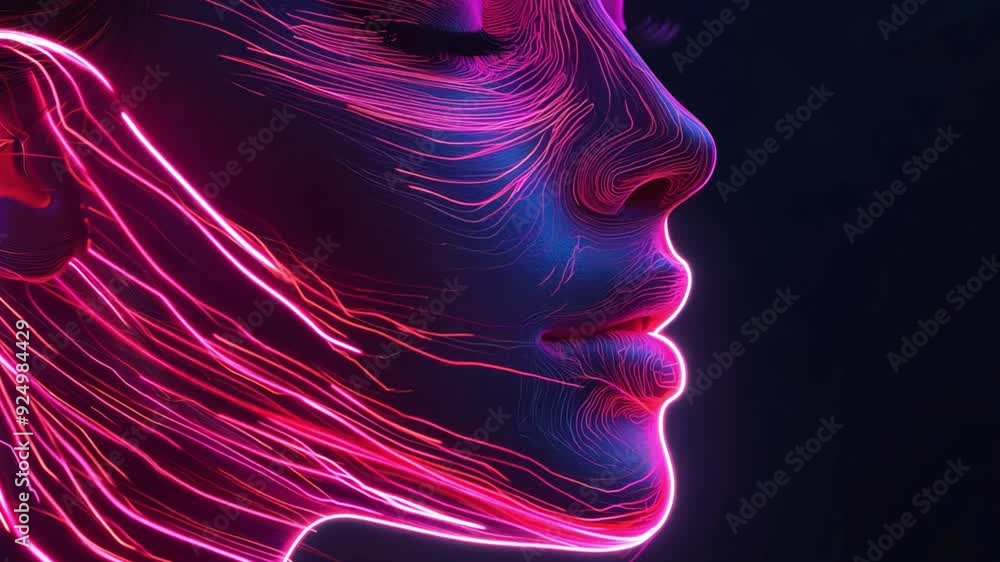 Poster a woman side profile illuminated by vibrant neon light patterns, creating a dynamic and artistic rep