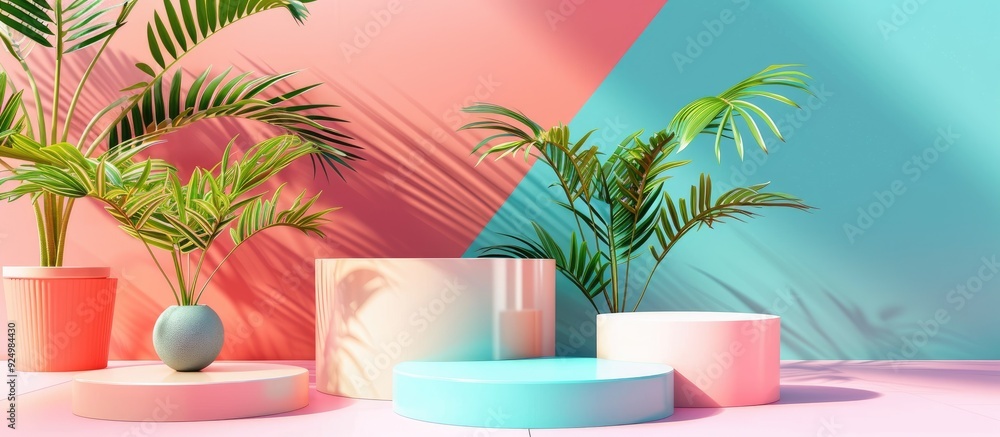 Poster various podiums for displaying products in a photo shoot with a color background for placement of ob