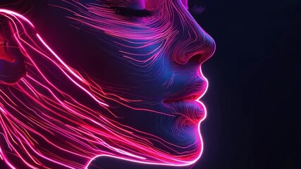 A woman side profile illuminated by vibrant neon light patterns, creating a dynamic and artistic representation in a dark setting.