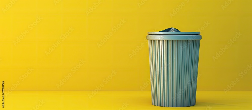Poster a small garbage can on a yellow backdrop with room for text around the image. copy space image. plac