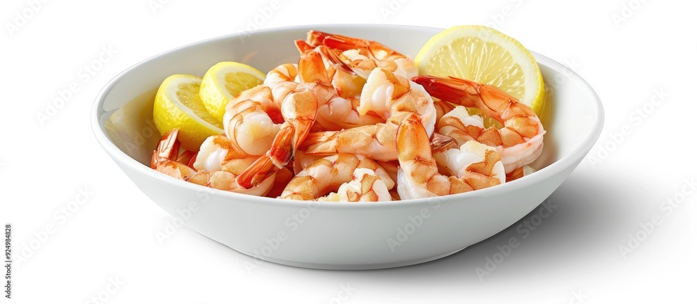 Poster a bowl with cooked shrimp and lemon slices on a white background showing a copy space image
