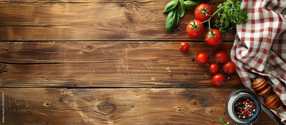 Poster top view of a wooden table with copy space image perfect for a food background