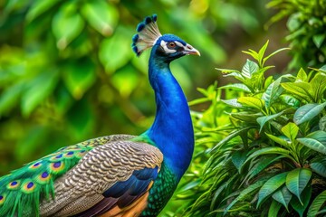 Obraz premium Vibrant Indian peacock perches proudly, showcasing its stunning fan-shaped crest, white under-eye patch, and sleek, elongated neck amidst lush green foliage.