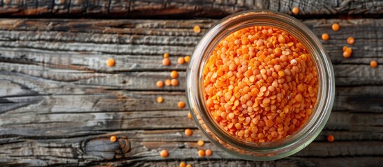 Top view of red lentils in a glass jar on a wooden backdrop with a blank space for text or images. image with copy space