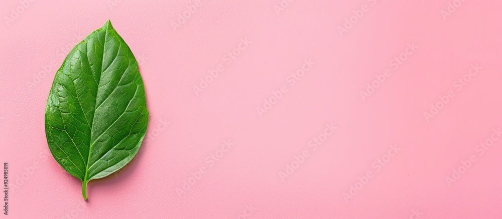 Poster view from above showing a shiny green leaf set against a pink backdrop with space for text or graphi