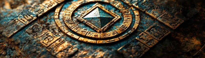 Obraz premium Intricate ancient artifact with geometric designs, showcasing a mystical symbol embedded in aged stone.
