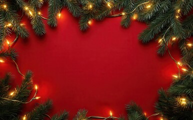 Christmas background with red fabric and golden lights, green pine branches frame the edges.