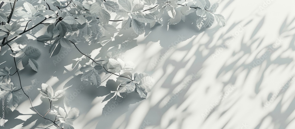 Poster copy space image featuring tree leaves and branches casting shadows and light onto a white wall crea