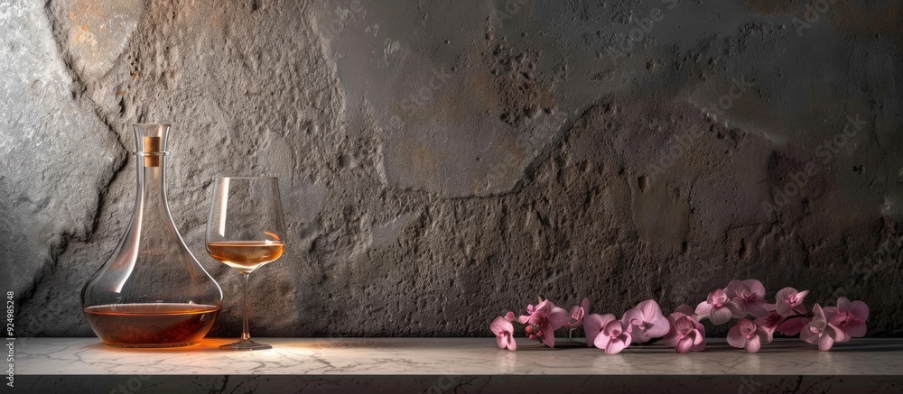 Poster An elegant display with a decanter and wine glass set against a stone backdrop featuring a spacious area for additional elements in the image