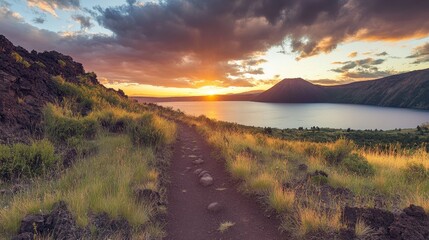Serene Sunset Trail Overlooking Tranquil Lake - A scenic trail winds through a grassy meadow towards a tranquil lake, with a majestic mountain in the background and a vibrant sunset illuminating the s