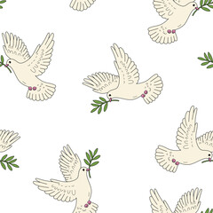 seamless pattern with a dove holding a branch in its beak