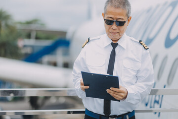 Professional pilot woman in uniform has teamwork meeting for success flight in aviation business. Young female captain instructor sitting in office and working or training commercial airline crew. © ARMMY PICCA