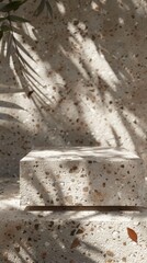 Empty stone podium with terrazzo texture and leaf shadow