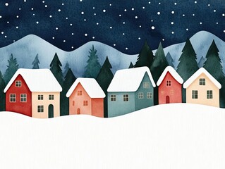 Charming winter village scene with colorful houses, snow-covered rooftops, and tranquil snowy mountains under a starry night sky.