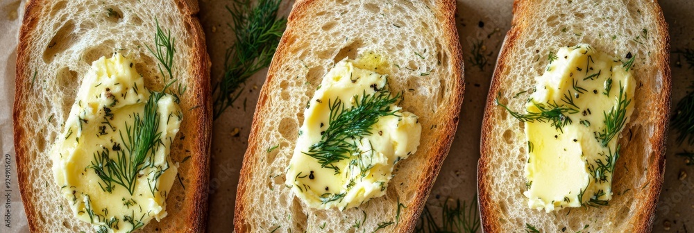Poster simple & delicious: toasted bread with butter and dill - three slices of toasted bread topped with b