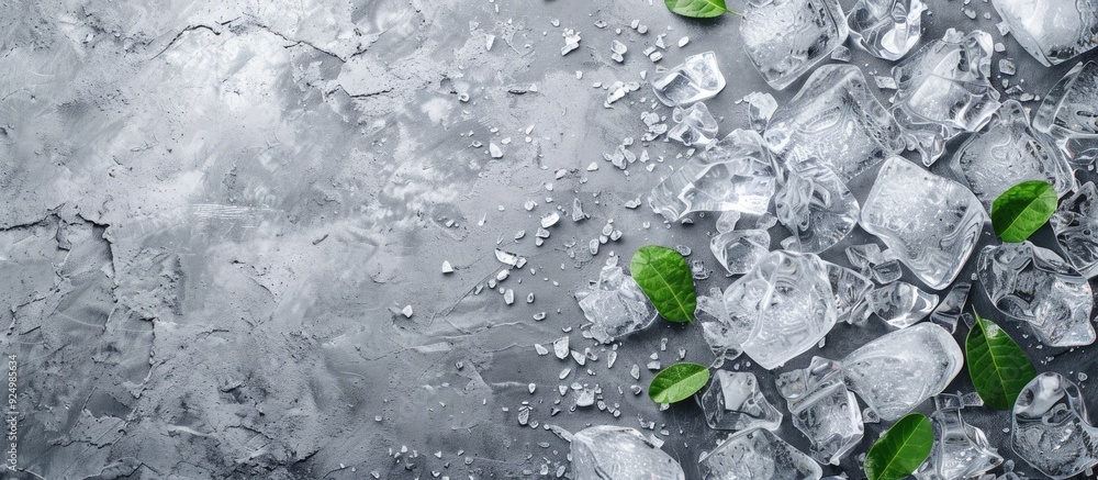 Poster top view of crushed ice on a grey backdrop with copy space image available