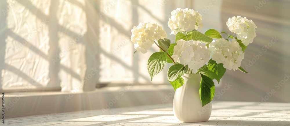 Poster hydrangea in a vase on a table with copy space image.