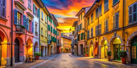 Vibrant sunset illuminates ancient architecture, colorful shutters, and quaint narrow passageways in Parma's historic center, capturing the authentic essence of Italy's picturesque northern city.