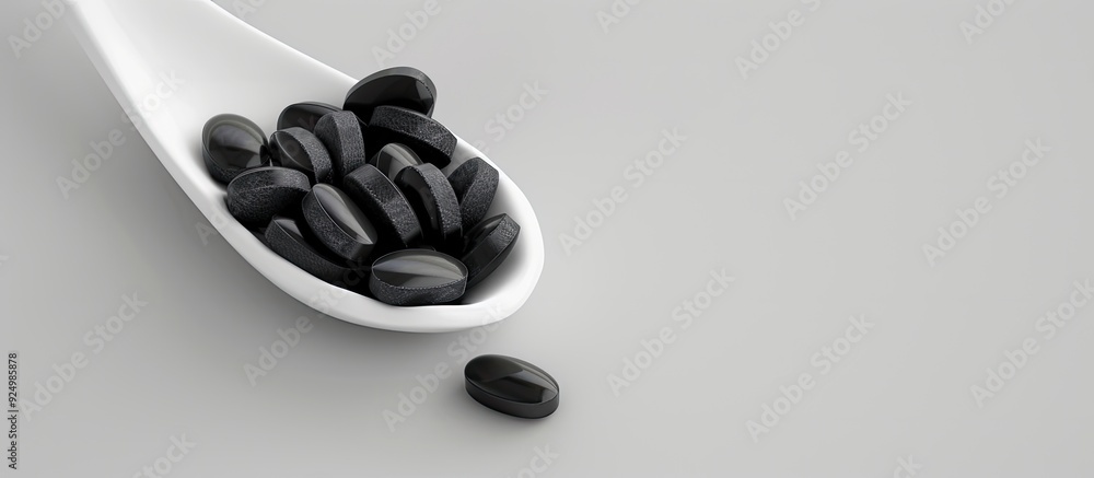 Poster a white spoon holds activated charcoal tablets with a blank space for text or image integration. cop