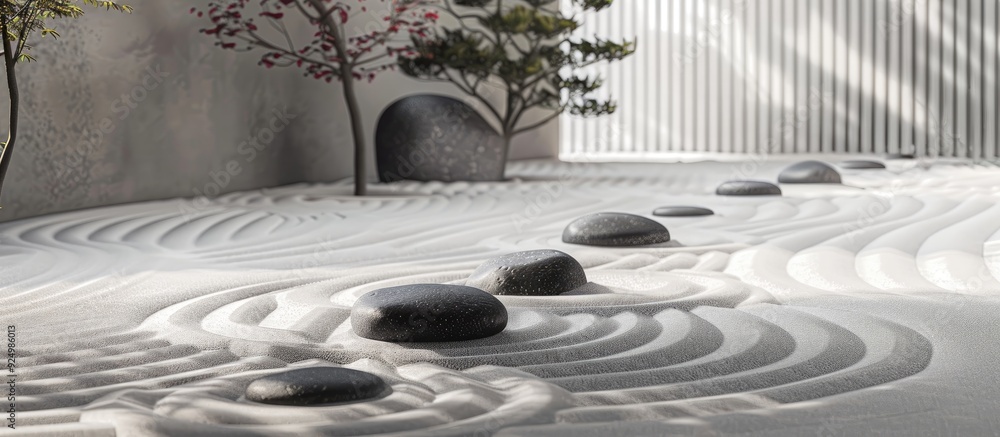 Poster stones arranged in a serene zen garden with a white sand pattern create a minimalist scene with copy
