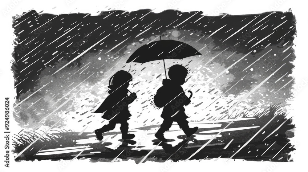 Poster two children walking in the rain