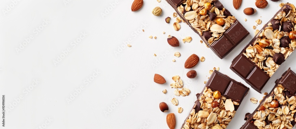 Poster top view of nutritious muesli bars with nuts and dark chocolate on a white backdrop providing space 