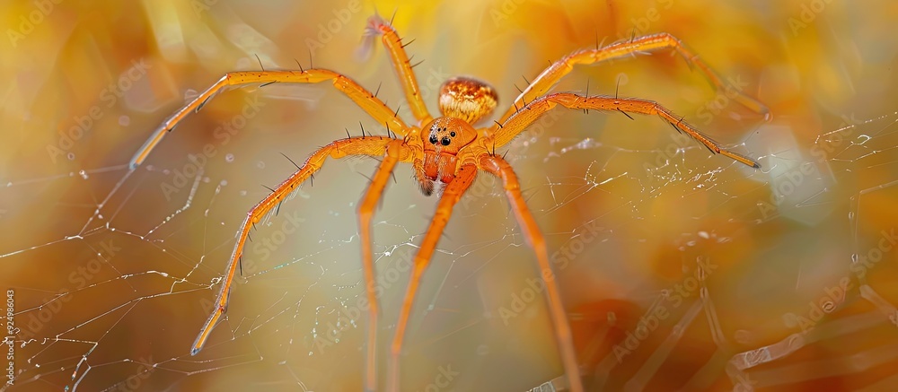 Aufkleber a tiny orange spider on its web shown in a close up copy space image