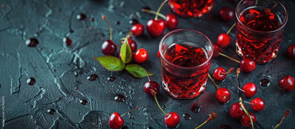 Poster close up of cherry liqueur in glasses with berries on a black table perfect for adding text with a c