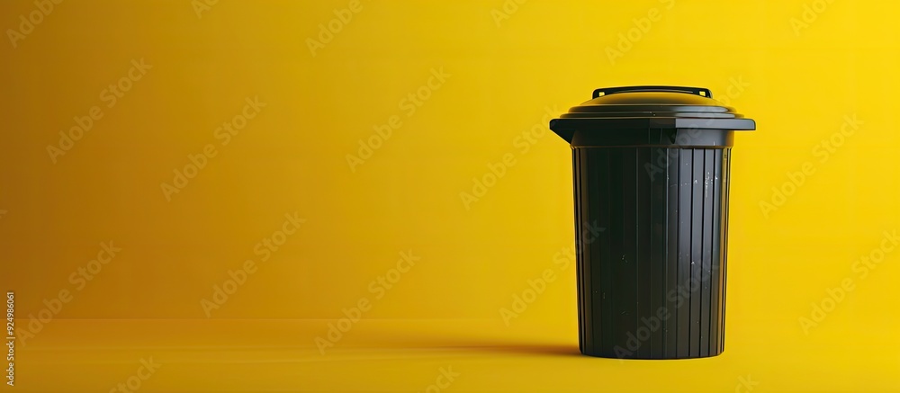 Poster a small garbage can on a yellow backdrop with room for text around the image. copy space image. plac