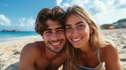 Fototapeta premium A young couple, a man and a woman, on the beach in a relaxed pose, smiling and looking at the camera. The sky is partly cloudy, the ocean is visible in the background.