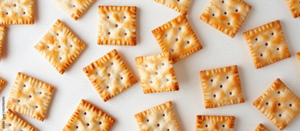 Poster square crackers arranged with a spacious copy space image in the center of a white background accomp