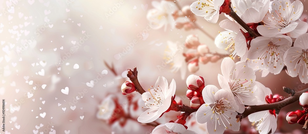 Poster plum blossoms on a branch in a spring themed background with numerous small white flowers and ample 