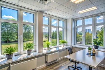 Sparkling new PVC windows with double glazing installed in a modern office, highlighting energy-efficient and noise-reducing benefits of plastic window renovations for a comfortable workspace.