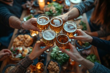 Obraz premium Beer mugs, snacks, nuts and dishes, Ai generated
