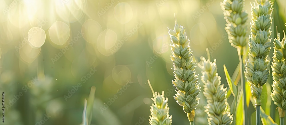 Poster close up of wheat ears ripening in a field with copy space image