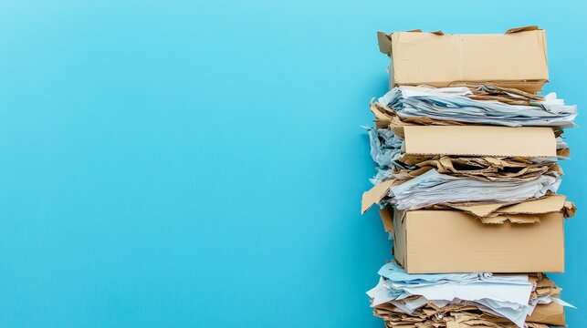 Stack of Cardboard Boxes and Papers on Blue Background - A stack of cardboard boxes and papers, representing organization, storage, and efficiency. The blue background symbolizes productivity and a fr
