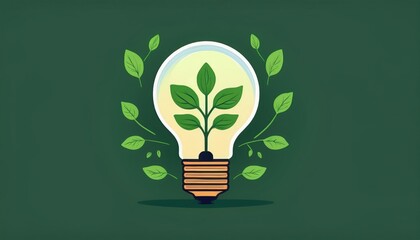 Eco-friendly light bulb symbolizing sustainable energy and growth with a plant inside and green leaves on a dark background.