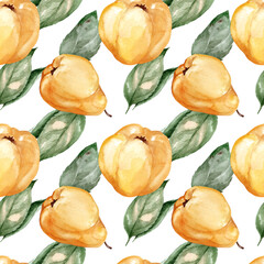 Watercolor Seamless Pattern with Quince. Illustration of yellow ripe fruits with leaves for fabric and wrapping paper