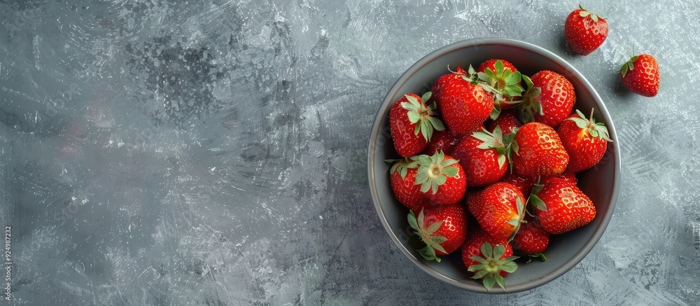 Poster top down view of strawberries in a bowl on a gray concrete background with room for additional conte