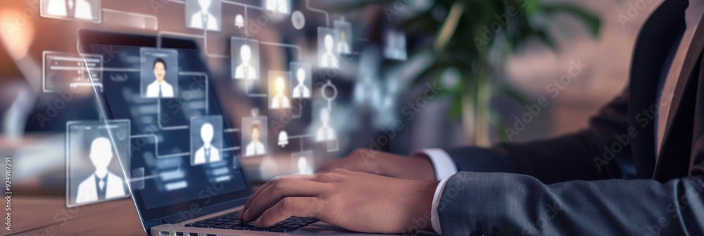 Poster a businessman typing on a laptop with holographic digital connection icons floating around, represen