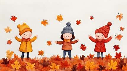Fototapeta premium Three cheerful kids play with falling autumn leaves in vibrant hats and coats, celebrating the beauty of fall.