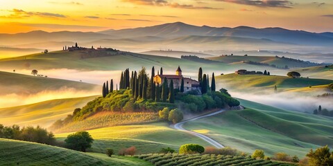 misty dawn over the rolling Tuscan hills, with isolated villas and cypress trees, evoking peacefulness and tranquility