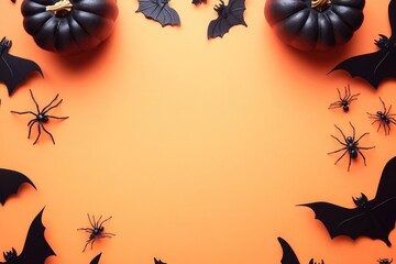 A festive Halloween flat lay with black bats, pumpkins, and spiders on an orange background, leaving a space in the middle for custom text, ideal for greeting cards
