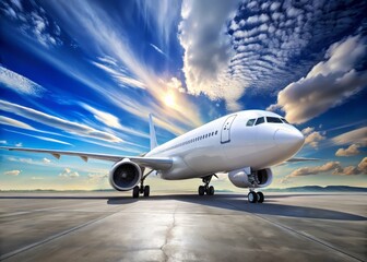 Obraz premium A sleek white commercial airliner with engines and tailfin stands out against a vibrant blue sky with scattered white clouds on a bright sunny day.